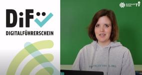 Links: DiF&uuml;-Logo, rechts: Digitalexpertin Theresa Kuper mit Laptop vor gr&uuml;nem Hintergrund