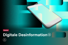 Das Bild zeigt die &Uuml;berschrift "Digitale Desinformation" auf einem blau-gr&uuml;nen Hintergrund mit einem Mobiltelefon