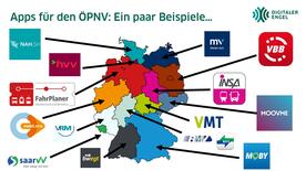 Eine Powerpoint-Folie zeigt eine Deutschlandkarte mit den einzelnen farbig markierten Bundesl&auml;ndern. Auf jedes Bundesland zeigt ein Pfeil, der mit einem App-Logo eines regionales Verkehrsunternehmen verbunden ist. 