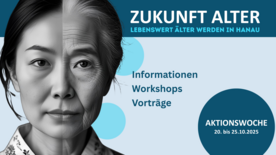 Banner der Aktionswoche "Zukunft Alter". Links ist eine Frau abgebildet, die zur H&auml;lfte jung ist und zur H&auml;lfte gealtert. In der Mitte steht "Informationen, Workshops, Vortr&auml;ge". Unten rechts steht "Aktionswoche. 20. bis 25. Oktober 2025"
