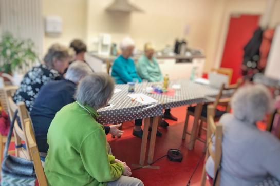 Eine Seniorengruppe sitzt am Tisch und h&ouml;rt einem Vortrag zu