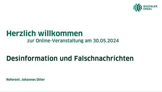 Bildschirmfoto von der Startseite der Pr&auml;sentation mit dem Text Herzlich willkommen! Desinformation und Falschnachrichten