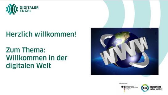 Auf dem Bild ist das Deckblatt der Pr&auml;sentation zu Willkommen in der digitalen Welt zu sehen.