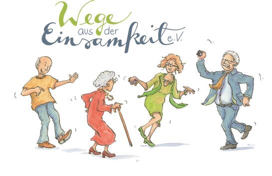 Logo Wege aus der Einsamkeit (vier &auml;ltere Menschen im Cartoon-Format, die beschwinglich tanzen)